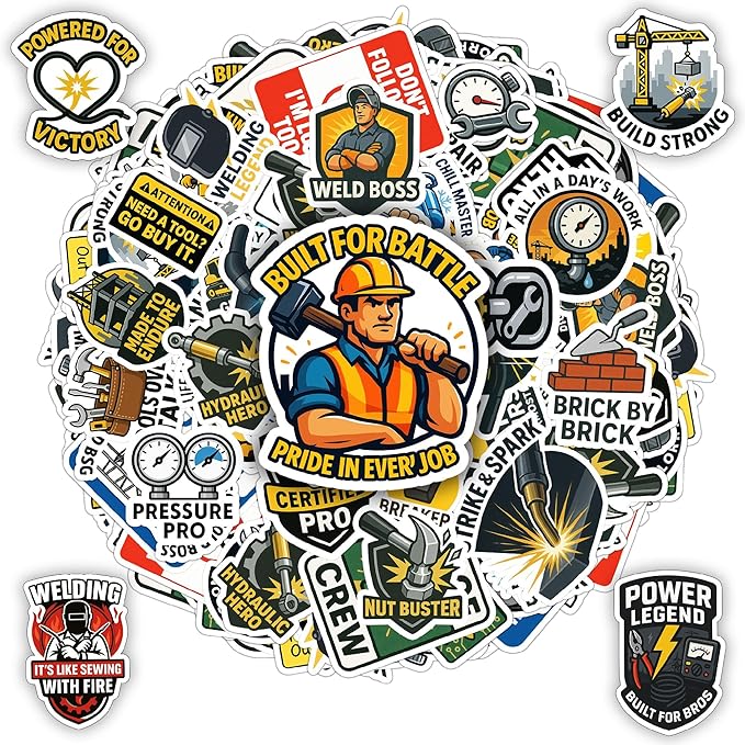 100 PCS Hard Hat Stickers Pack, Vinyl Waterproof Funny Decals with Welding Tools Safety Work Quotes, Gift for Construction Workers Mechanics Engineers Electricians Laptop Water Bottle Toolbox