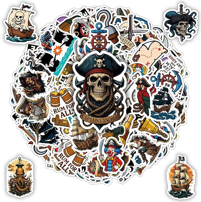 100 PCS Pirate Stickers Pack – Funny Adventure Vinyl Waterproof Decals with Ships, Treasure Maps, Sea Creatures for Laptop, Water Bottle, Car, Scrapbook, Kids, Adults Gifts