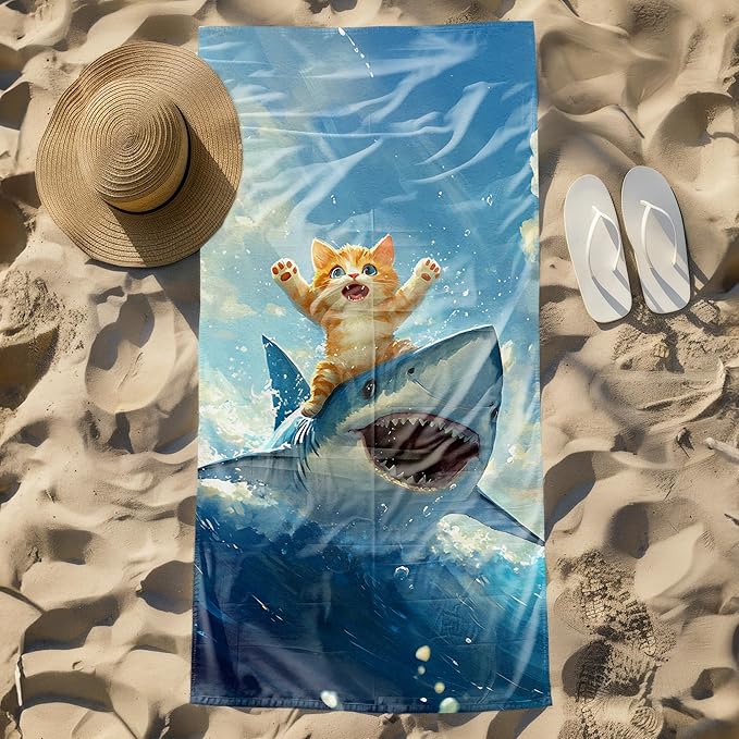 Funny Cat Shark Beach Towel, Coastal Ocean Cats Pool Towels, Cat Shark Lovers Gifts Large Beach Bath Travel Towels for Kids Girls Boys, Funny Cats Sharks Bathroom Accessories Decor, 30x60in