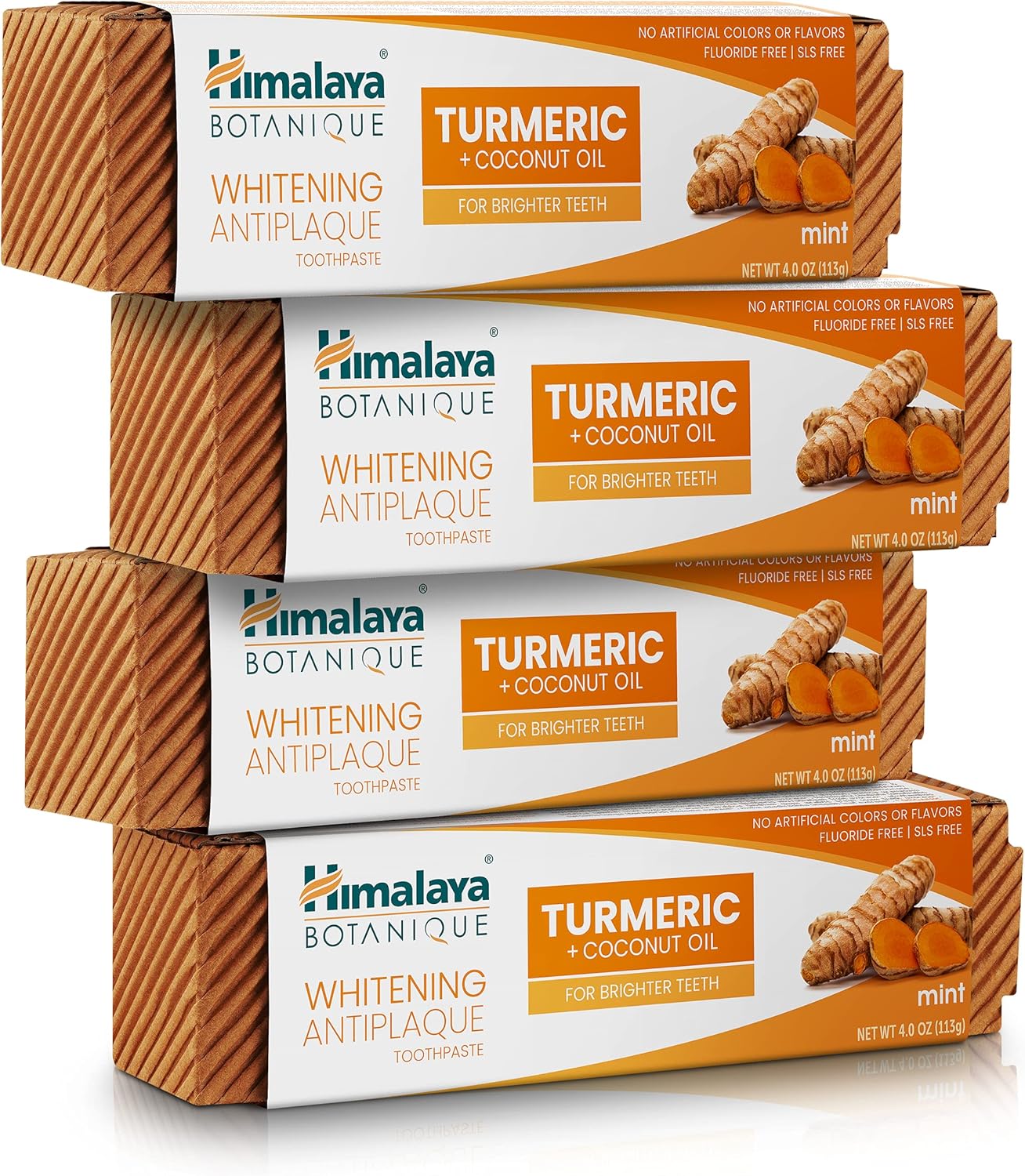 Himalaya Botanique Turmeric & Coconut Oil Whitening Antiplaque Herbal Toothpaste, Whitens Teeth, Fluoride Free, No Artificial Flavors, SLS Free, Vegan, Cruelty Free, Foaming, Mint Flavor, 4 Oz, 4 Pack