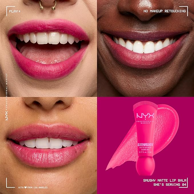 NYX PROFESSIONAL MAKEUP Smushy Matte Lip Balm, Tinted Lip Moisturizer with Soft, Matte Finish - She's Serving (Fuchsia)