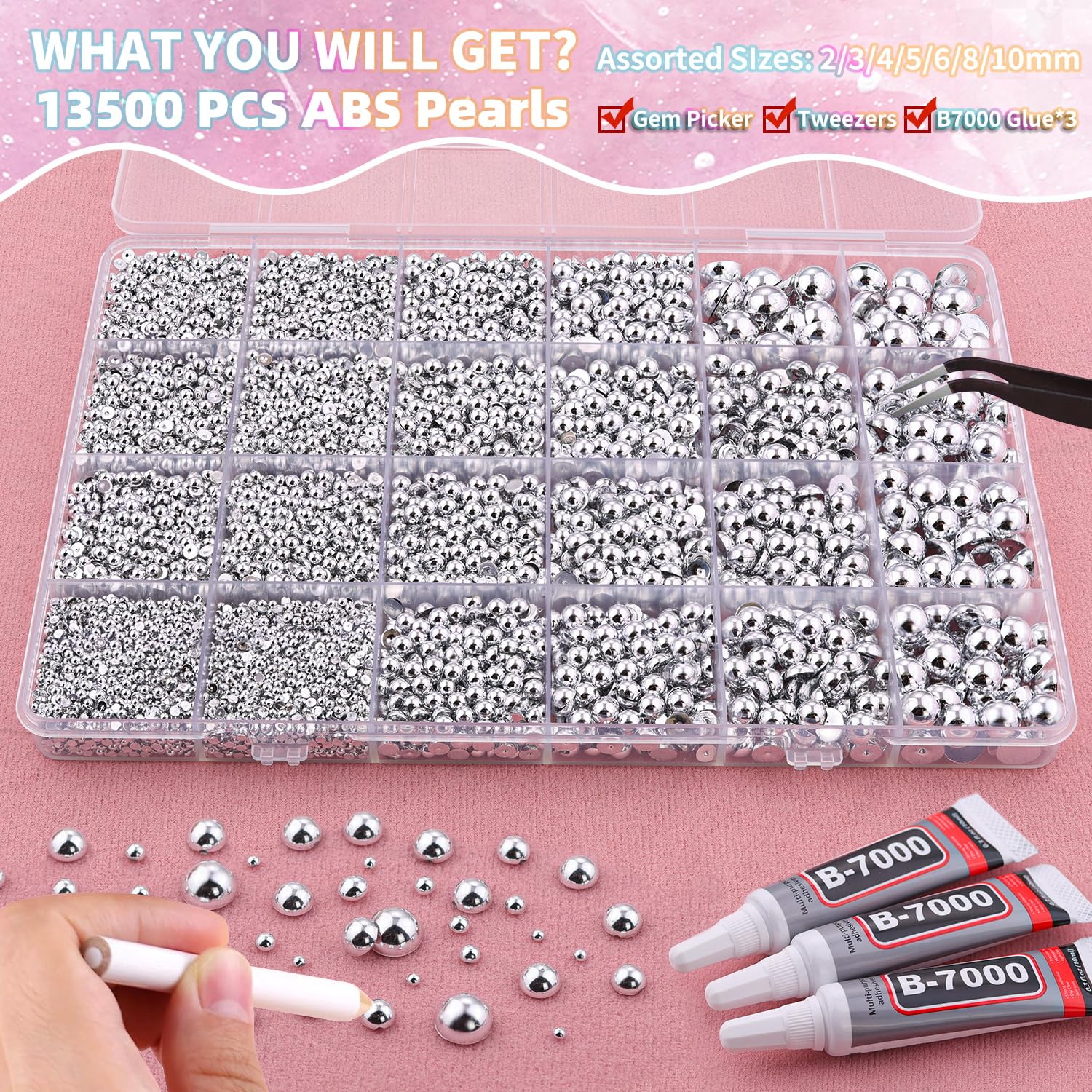 13500Pcs Flatback Pearls for Bedazzling (Silver) with 3Pcs B7000 Jewelry Glue, Assorted Size 2/3/4/5/6/8/10mm Half Pearl, Bedazzling Gems for Crafting Clothing Tumbler Shoes Embellishment Nail Art