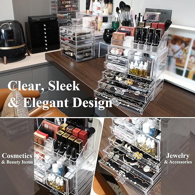 Sea Team 3-Layer Stackable Clear Makeup Organizer with Drawers, Acrylic Plastic Cosmetic Display Case, Jewelry Storage Box for Dresser, Bathroom, Vanity, Countertop (7 Drawers, 1 Lipstick Holder)