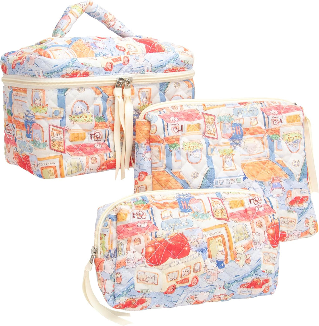 PAZIMIIK 3PCS Makeup Bag SET Large Travel Quilted Zipper Soft Cosmetic Case Pouch for Women Girls Make Up,Little Bunny