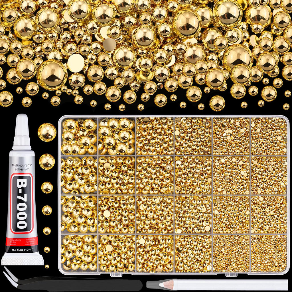 13500Pcs Flatback Pearls for Bedazzling (Gold) with B7000 Jewelry Glue, Assorted Size 2/3/4/5/6/8/10mm Half Pearl, Bedazzling Gems for Crafting Clothing Tumbler Shoes Embellishment Nail Art