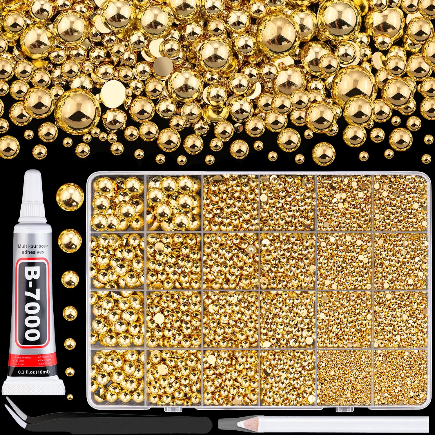 13500Pcs Flatback Pearls for Bedazzling (Gold) with B7000 Jewelry Glue, Assorted Size 2/3/4/5/6/8/10mm Half Pearl, Bedazzling Gems for Crafting Clothing Tumbler Shoes Embellishment Nail Art