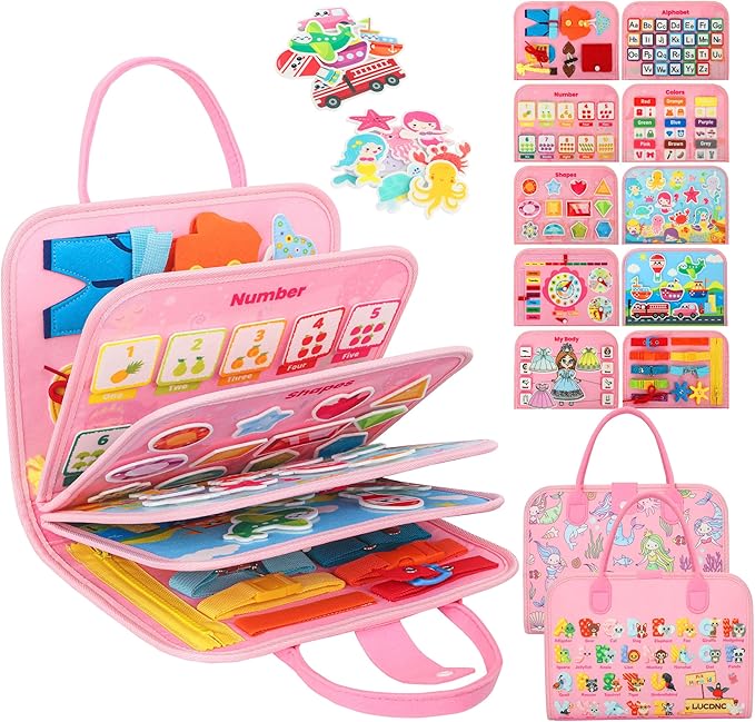 Toddler Busy Board Montessori Toys for 3 Year Old Birthday Gifts for Kids 10 Pages in 1 Soft Felt Activity Book Develop Fine Skills Educational Learning Sensory Travel Toys for Airplane Car