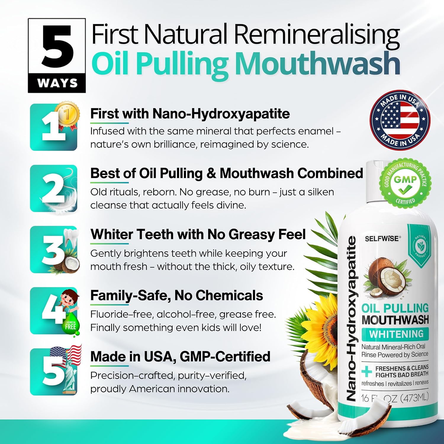 Nano-Hydroxyapatite Oil Pulling Whitening Mouthwash for Teeth and Gums, Natural & Organic, Whitens Teeth, Strengthens Enamel, Fights Bad Breath & Plaque – Smooth & Non-Greasy – for Adults - 16oz