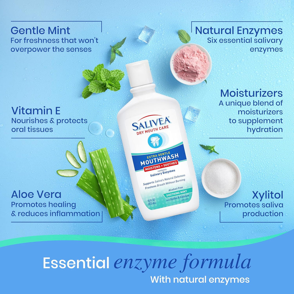 SALIVEA Dry Mouth Mouthwash - Soothing Mint Mouthwash with Natural Salivary Enzymes - Breath Freshener & Dry Mouth Care - Mint Flavor (2 Pack)