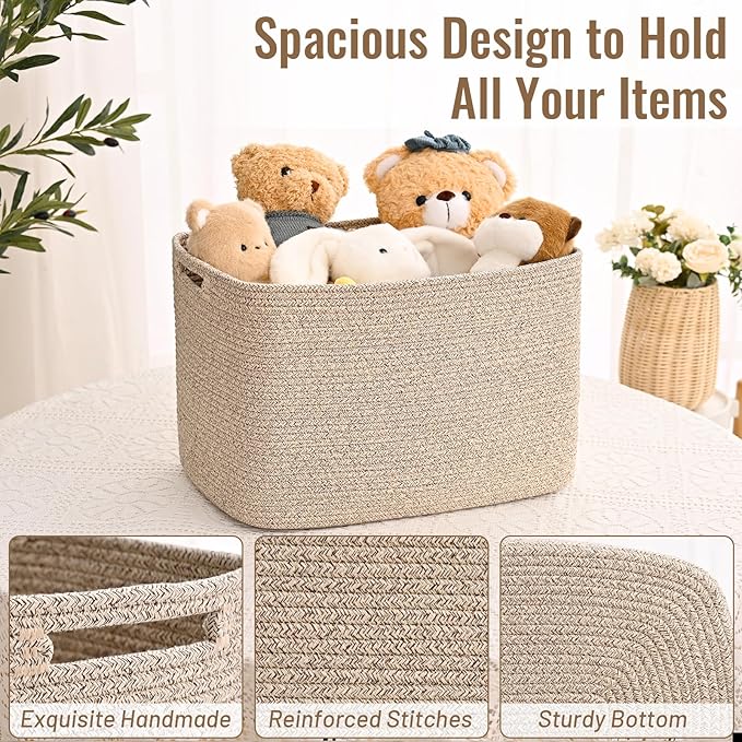 3 Pack Cube Storage Bin, 17”x12”x12” Cotton Rope Woven Baskets for Organizing Toys Clothes Towels, Square Gift Storage Baskets for Shelf, Nursery, Closet, Bathroom, Pantry (Jute)