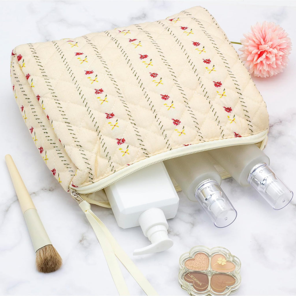 PAZIMIIK Quilted Makeup Bag Large Travel Zipper Soft Cosmetic Pouch for Women Girls Make Up,Little Flower Beige