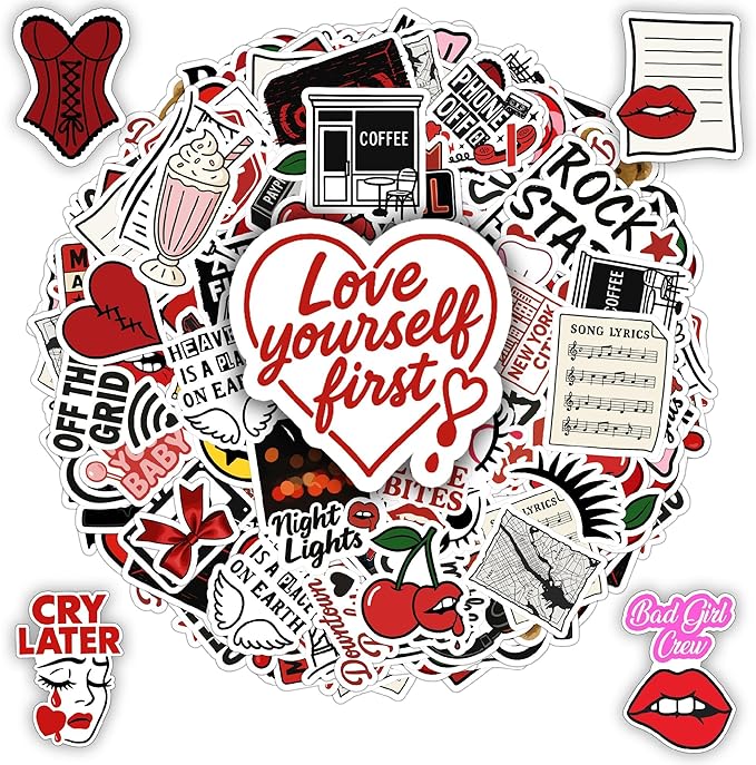 100 Pcs Downtown Girl Stickers, Aesthetic Trendy Y2K Sticker Red Black Vinyl Waterproof Decals for Car, Water Bottle Scrapbook Helmet Gift for Men Women Birthday Christmas