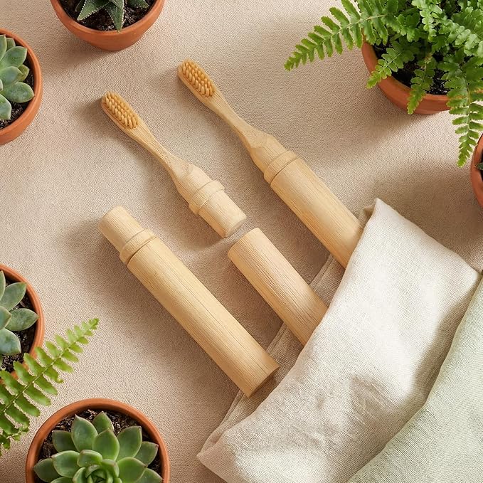 3 Pcs Foldable Bamboo Toothbrush with Soft Bristle Travel Size Toothbrushes with Bamboo Handle Cover Reusable Compact Case for Travel Camping Daily Use