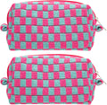 PAZIMIIK Checkered Makeup Bag for Purse Portable Zipper Make Up Pouch Small Cosmetic Case for Travel Accessories (2PCS Magenta Green)