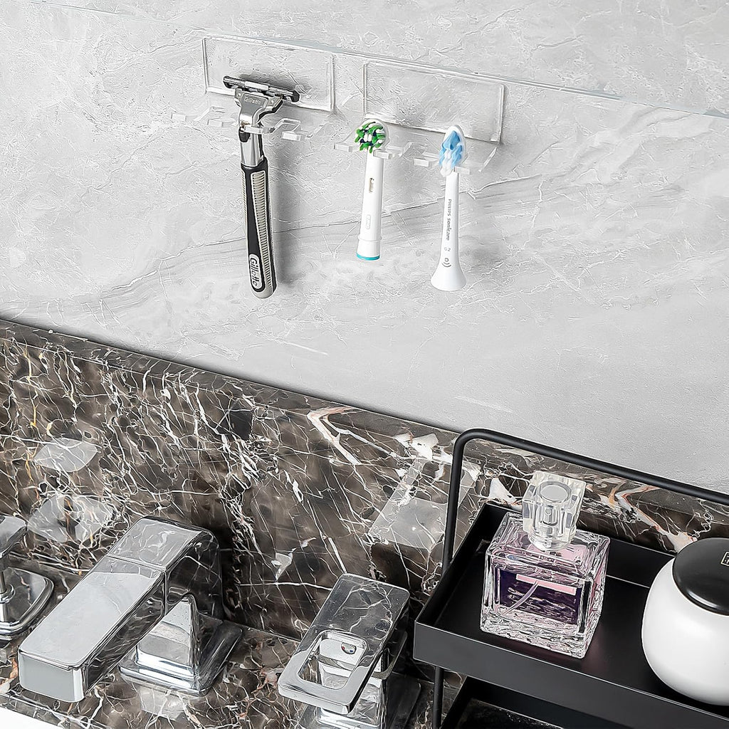2 Pack Self Adhesive Toothbrush Holders Wall Mounted, 3 Slots Electric Toothbrush Organizer for Shower, Multipurpose Rack Hanger for Power Plug, Razor, Key(Clear)