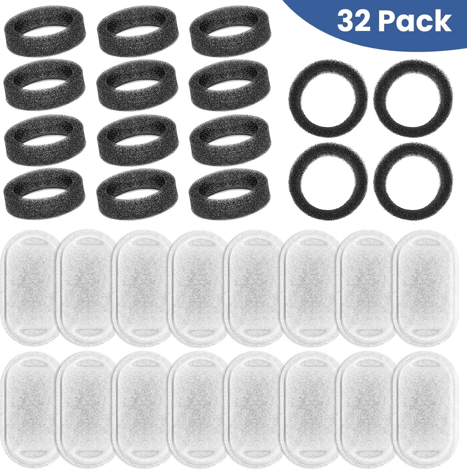 Cat Water Fountain Filters Replacement, 16 Pcs Pet Water Fountain Filter with 16 Pcs Foam Sponges for 67oz/2L & 108oz/3.2L Stainless Steel Pet Cat Water Fountain Dispenser Filters