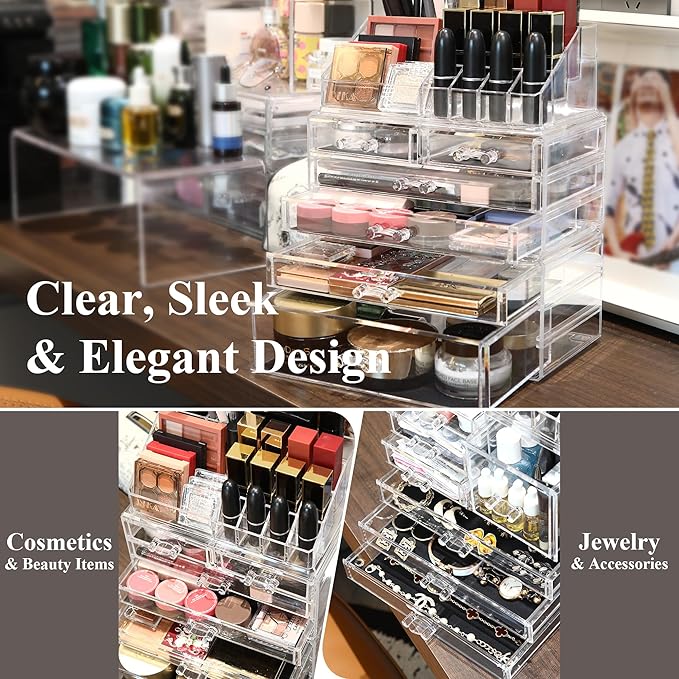 Sea Team 3-Layer Stackable Clear Makeup Organizer with Drawers, Acrylic Plastic Cosmetic Display Case, Jewelry Storage Box for Dresser, Bathroom, Vanity, Countertop (6 Drawers, 1 Lipstick Holder)