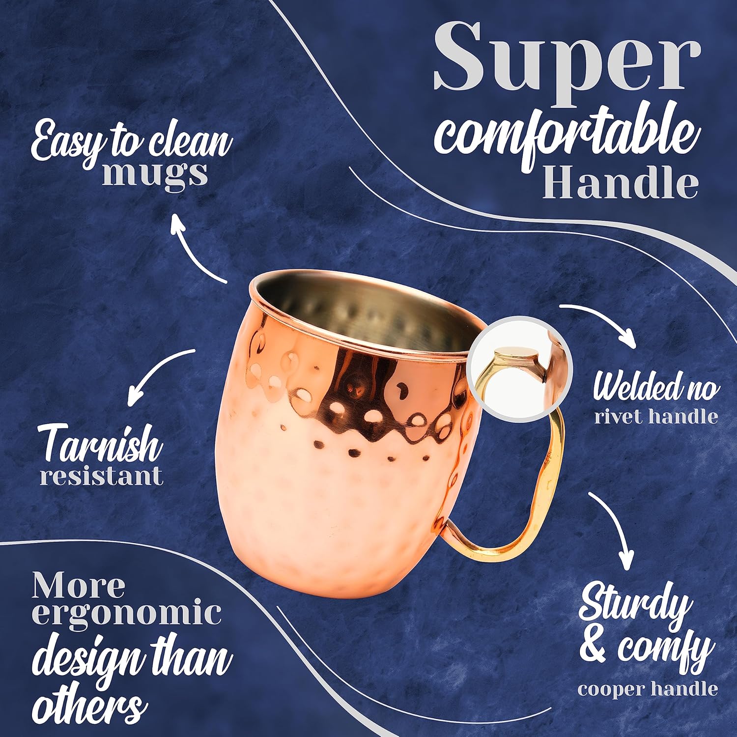 Moscow Mule Mugs Set of 4| Food Safe | High Grade Stainless Steel Mugs with Pure Copper Plating | Brass Handles with Thumb Rest |19 Oz | Large Size