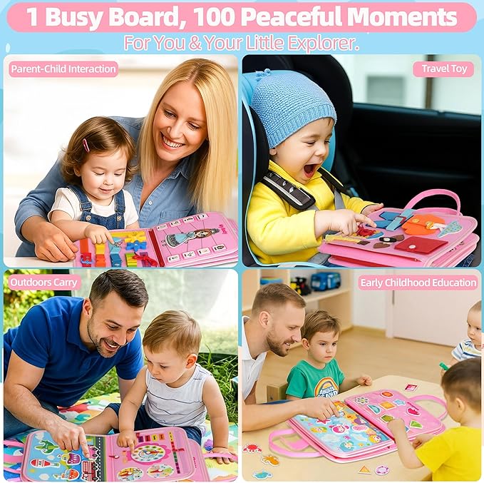 Toddler Busy Board Montessori Toys for 3 Year Old Birthday Gifts for Kids 10 Pages in 1 Soft Felt Activity Book Develop Fine Skills Educational Learning Sensory Travel Toys for Airplane Car