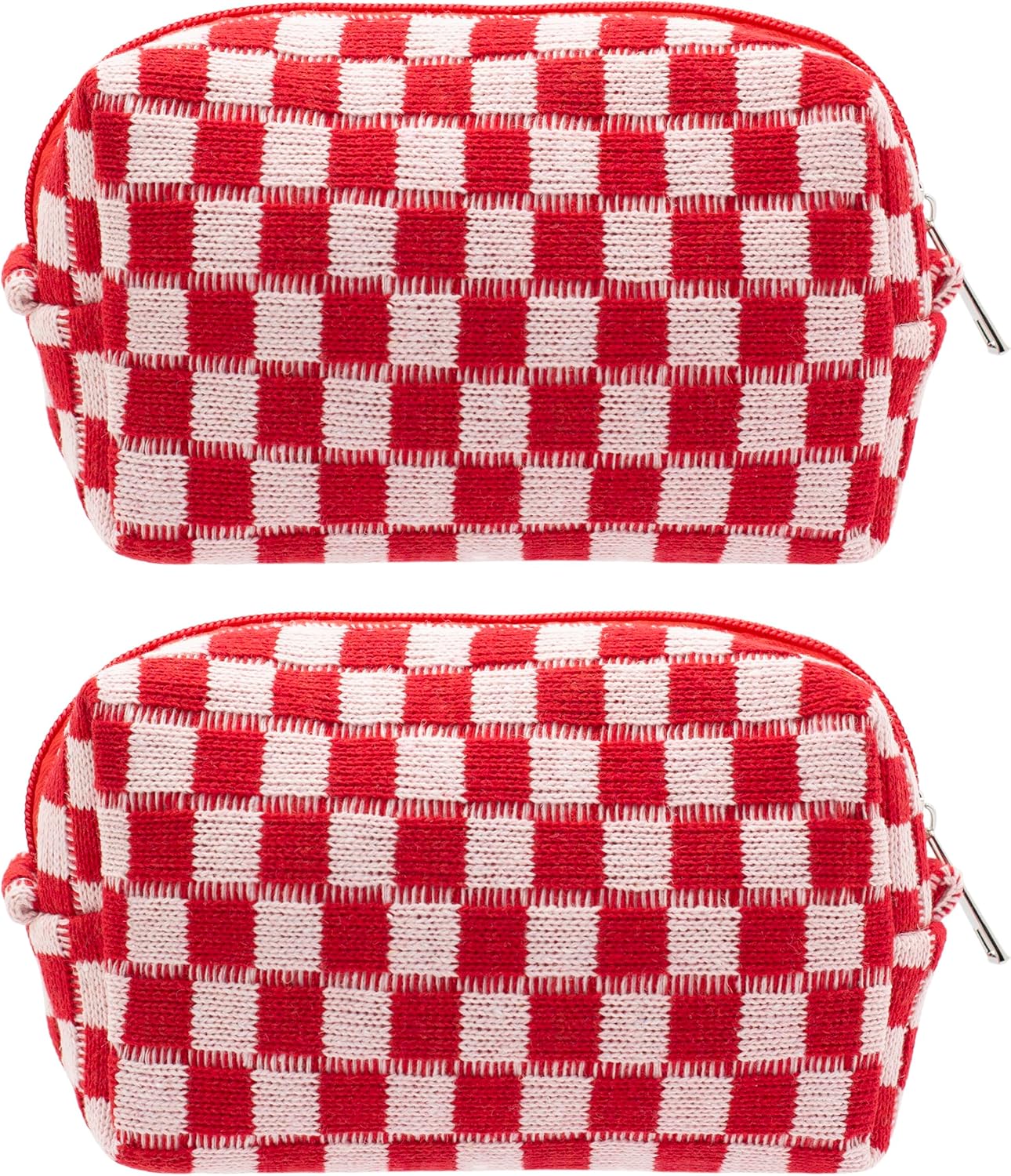 PAZIMIIK Checkered Makeup Bag for Purse Portable Zipper Make Up Pouch Small Cosmetic Case for Travel Accessories (2PCS Red)