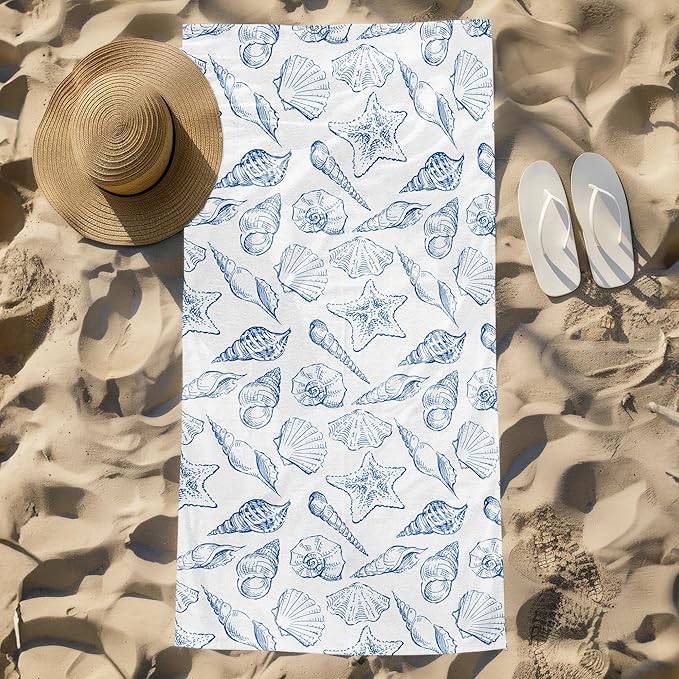 Coastal Seashell Starfish Beach Towel, Coastal Ocean Pool Towels, Seashell Starfish Summer Decor Large Beach Bath Travel Towels, Blue Coastal Ocean Summer Bathroom Accessories Decor, 30x60in