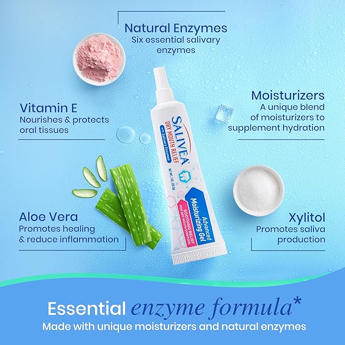 Salivea Dry Mouth Relief Gel Moisturizer, 1 oz Tube, Saliva Substitute Dry Mouth with Salivary Enzymes & Moisturizers, Formulated Without Alcohol, Non-Irritating, Soothing Formula for Oral Dryness