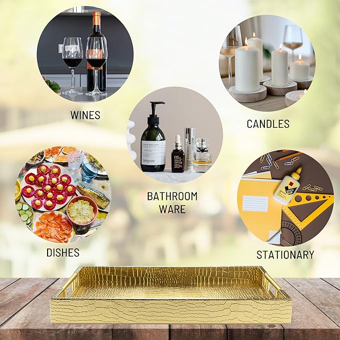 17" x 12" Wood Serving Tray with Gold Polished Metal Handles, Home Decorative Wooden Rectangle Ottoman Leather Decor Platter Bathroom Vanity Tray for All Occasions Alligator Gold