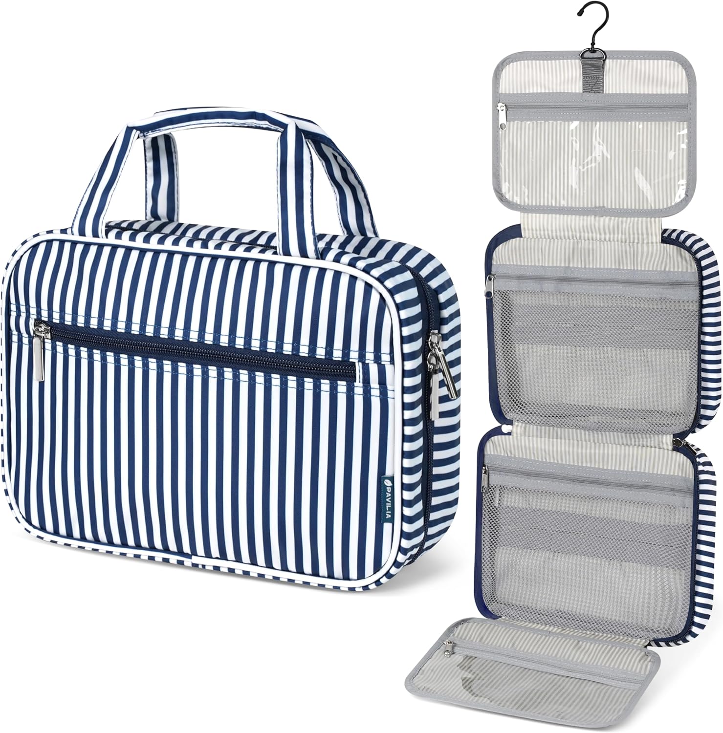 PAVILIA Hanging Toiletry Bag Travel Bag Women Men, Foldable Cosmetic Organizer, Roll up Makeup Bag, Water Resistant Accessories Toiletries, Large Travel Essentials Kit (Navy Stripe)