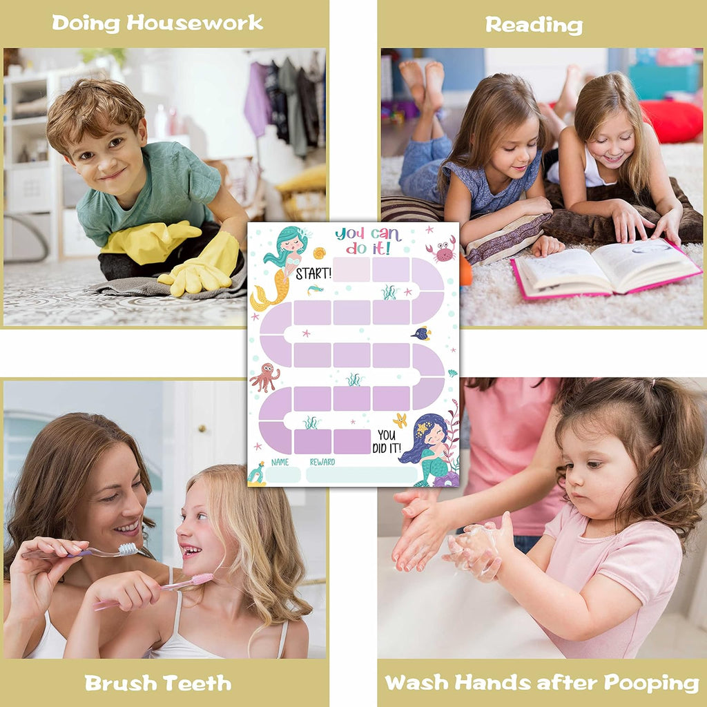 10 Mermaid Reward Chart with 216 Round Stickers, Incentive Behavior Chart for Kids at Home Classroom, Kids Routine Daily Chore Sticker Chart-A11