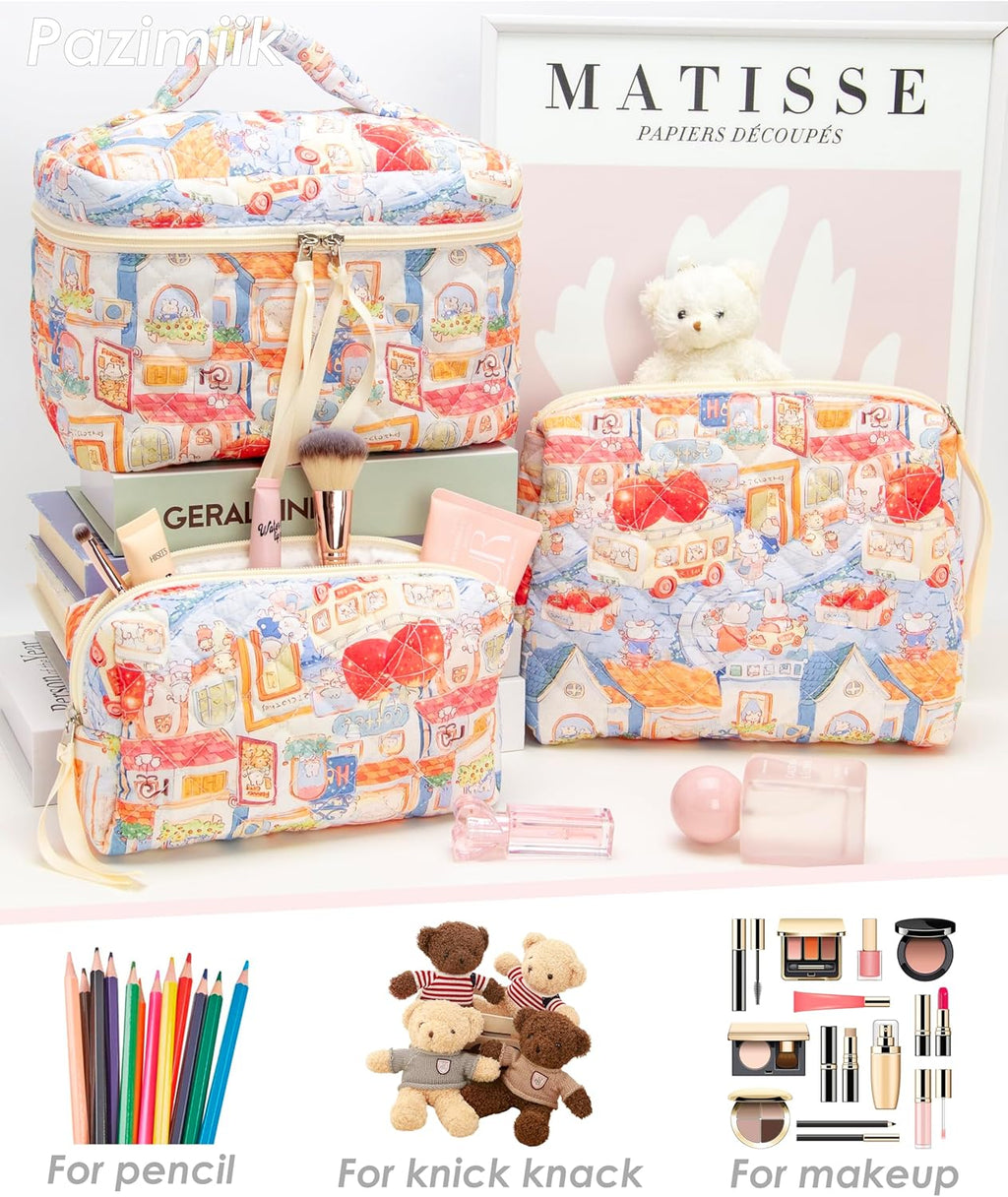 PAZIMIIK 3PCS Makeup Bag SET Large Travel Quilted Zipper Soft Cosmetic Case Pouch for Women Girls Make Up,Little Bunny