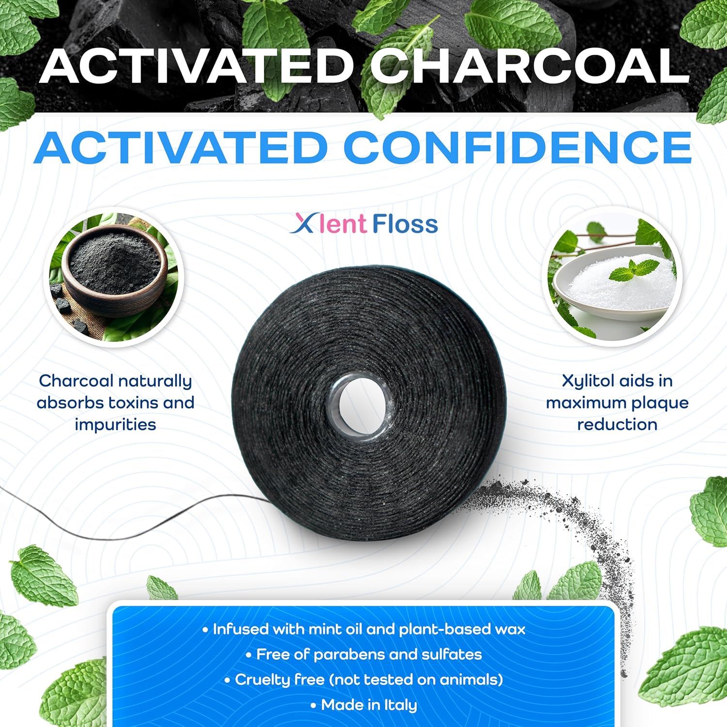 Expandable Dental Floss Treated with Activated Charcoal with Xylitol and Natural Plant Based Wax | Mint Flavor | PFAS & PTFE Free | Pack of 2 (50 m Floss Containers)