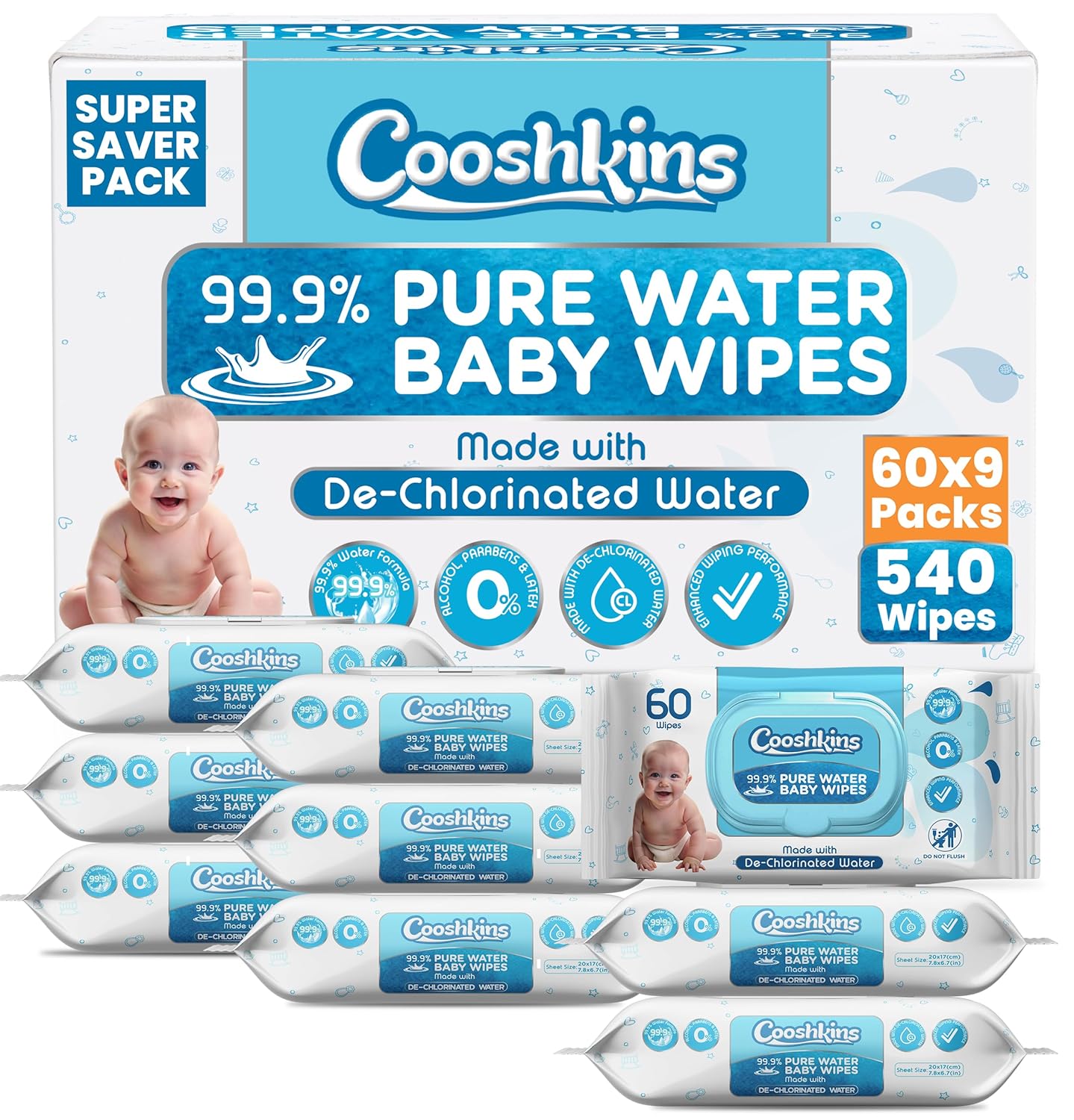 Bulk 540 Wipes – 60 Count (Pack of 9) De-Chlorinated Pure Water Baby Wipes | Gentle Unscented Wipes for Sensitive Skin | 99.9% Pure Water Based | Alcohol-Free, Paraben-Free | Soft & Thick