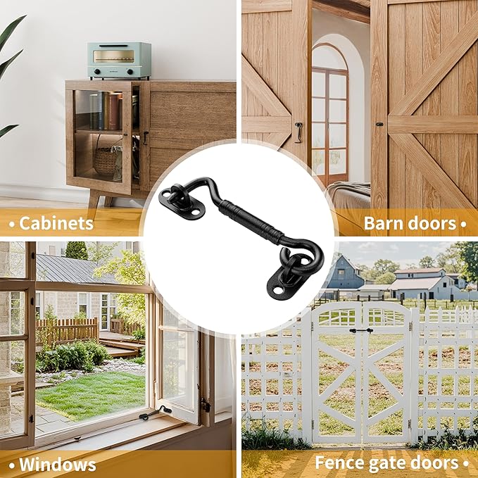 4'' Door Latch Door Lock Hardware, 4'' Stainless steels Hook and Eye Gate Latch Easy Lock for Barn Door, Black Sliding Door Lock with Screws for Window, Cabin Hooks