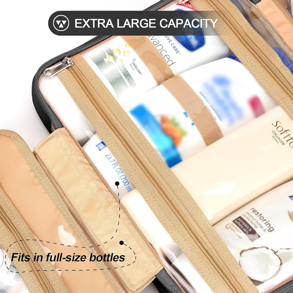 Travel Hanging Toiletry Bag for Women, Large Makeup Bag 8 Leak Proofing Silicone Bottle Covers, Waterproof Cosmetic Bag with Jewelry Organizer Compartment, Toiletries Kit Set, Black