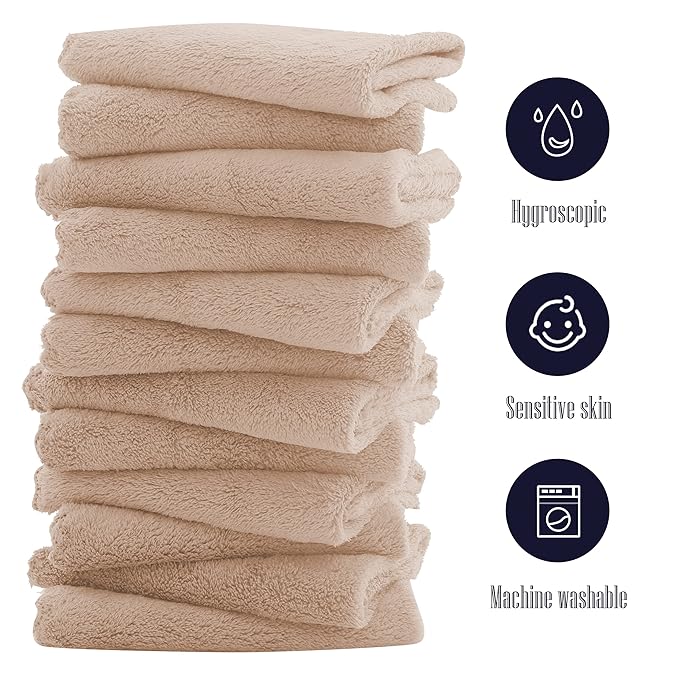 16 Pack Baby Washcloths - 10x10 Inch, Coral Fleece - Extra Absorbent and Soft Wash Clothes for Newborns, Infants and Toddlers - Suitable for Sensitive Skin and New Born - Baby Shower - Brown