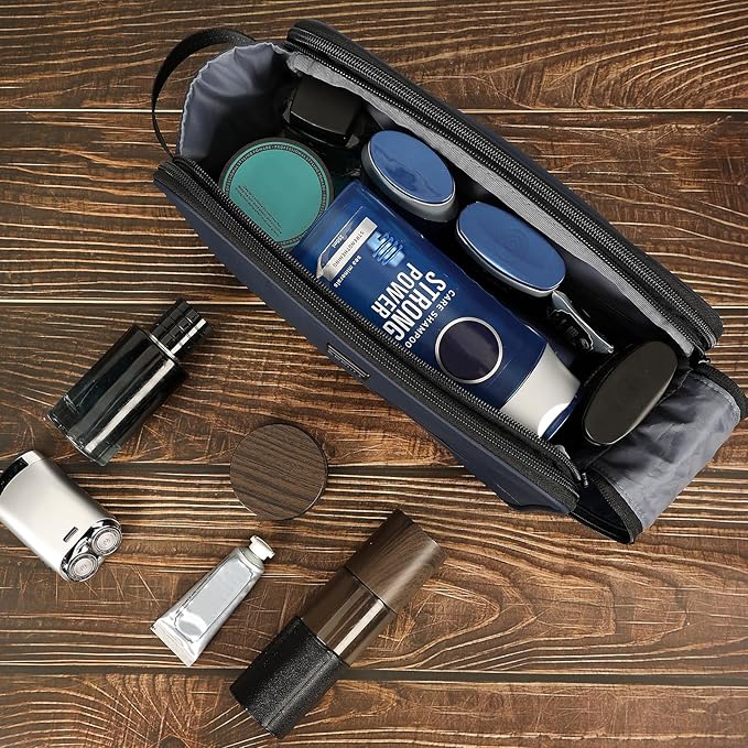 ZEEMO Travel Toiletry Bag for Men, Medium Water-Resistant Double-Sided Full-Open Dopp Kit, Versatile Organizer for Shower and Hygiene Accessories, Bathroom Essentials, Cosmetics, Large, Blue