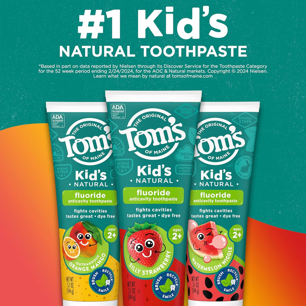 Tom's of Maine Anticavity Kids Natural Toothpaste Variety Pack, Strawberry, Orange Mango, Watermelon Flavors, Kids Toothpaste with Fluoride, Safe for Ages 2 and Up, 5.1 oz (Pack of 3)