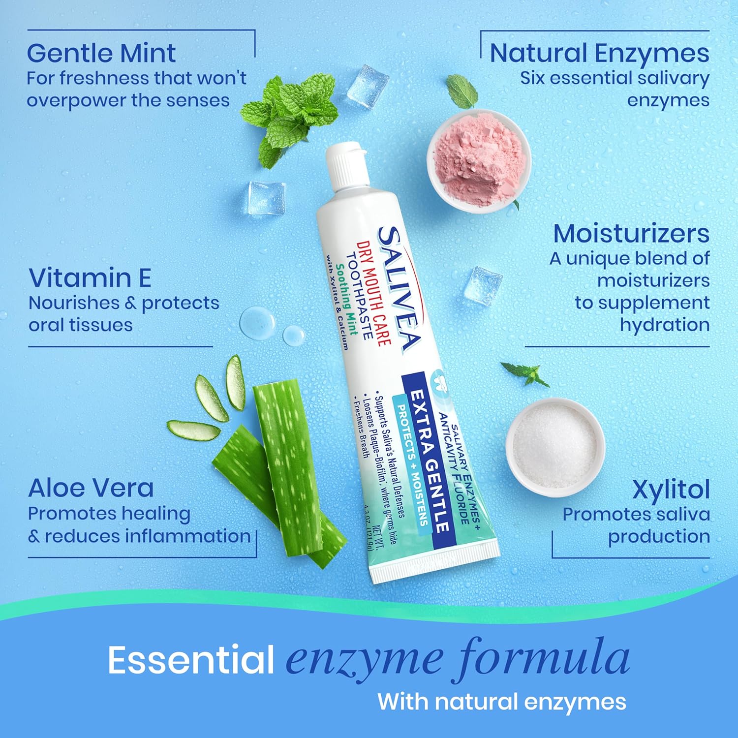 SALIVEA Gentle Toothpaste for Dry Mouth Care, 4.3 oz Tube, Anticavity with Fluoride, Natural Salivary Enzymes, Vitamin E & Aloe Vera, Cleans, Moisturizes & Refreshes Breath, Soothing Mint Flavor