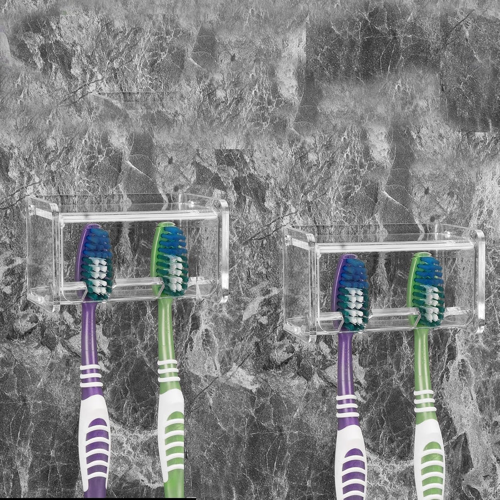 2 Pack Toothbrush Holder Wall Mounted with Cover for Bathroom, 2 Slots Toothbrush Storage Organizer for Shower, Self Adhesive Toothbrush Hanger Rack for Dorm, Cabinet (Clear)