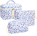 PAZIMIIK 3PCS Makeup Bag SET Large Travel Quilted Zipper Soft Cosmetic Case Pouch for Women Girls Make Up,Floral Blue