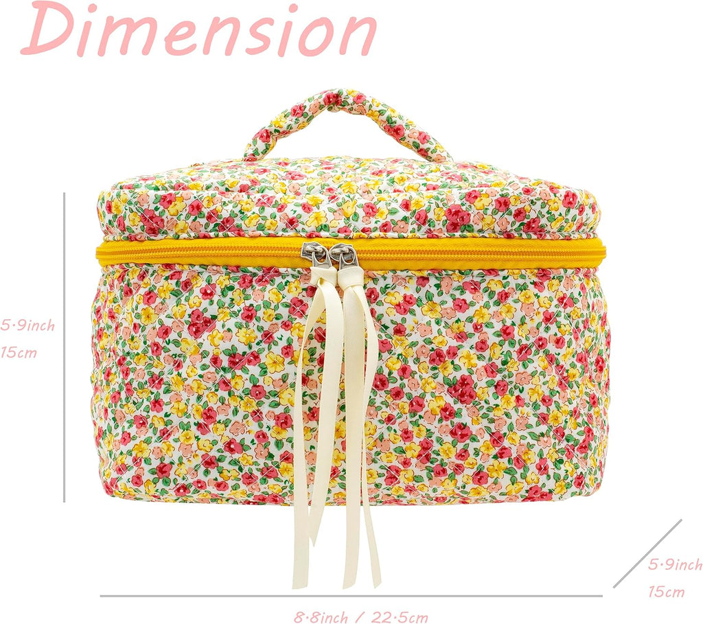 PAZIMIIK Quilted Makeup Bag Large Travel Zipper Soft Cosmetic Case for Women Girls Make Up,Little Flower
