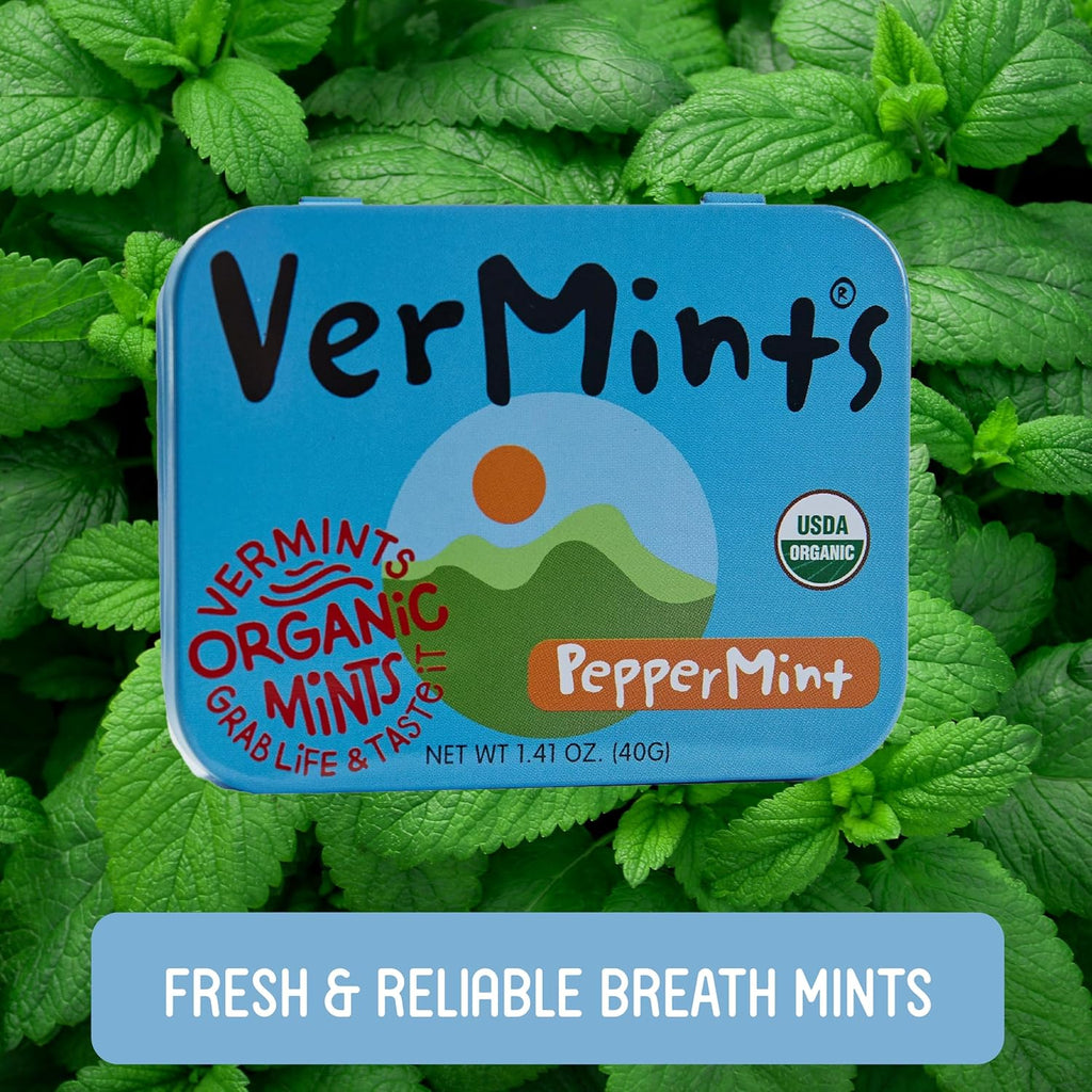 VerMints Organic Breath Mints PepperMint Candy Mints for Real Long-Lasting Flavor, Travel Size Tin - Non-GMO, Nut Free, Gluten Free, Vegan, Kosher Peppermints - 1.41oz Tins (Pack of 6)
