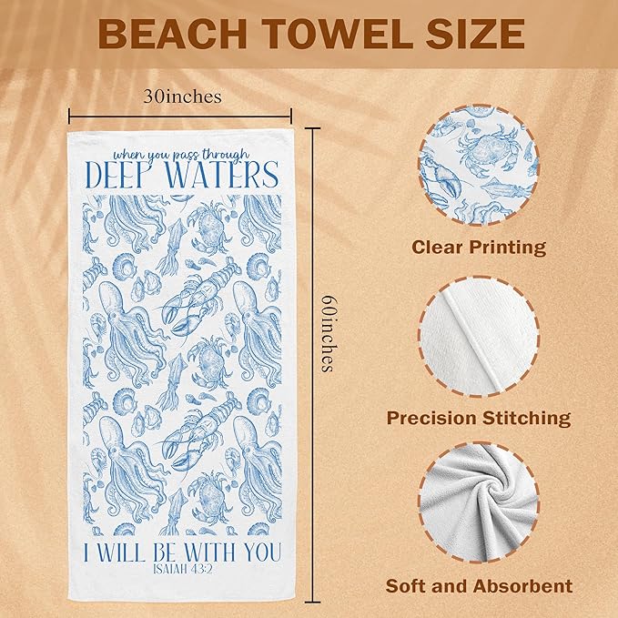 Blue Christian Coastal Beach Towel, Ocean Sea Animal Pool Towels, Coastal Christian Bible Large Beach Bath Travel Towels, I Will Be with You Blue Ocean Themed Bathroom Accessories Decor,30x60in