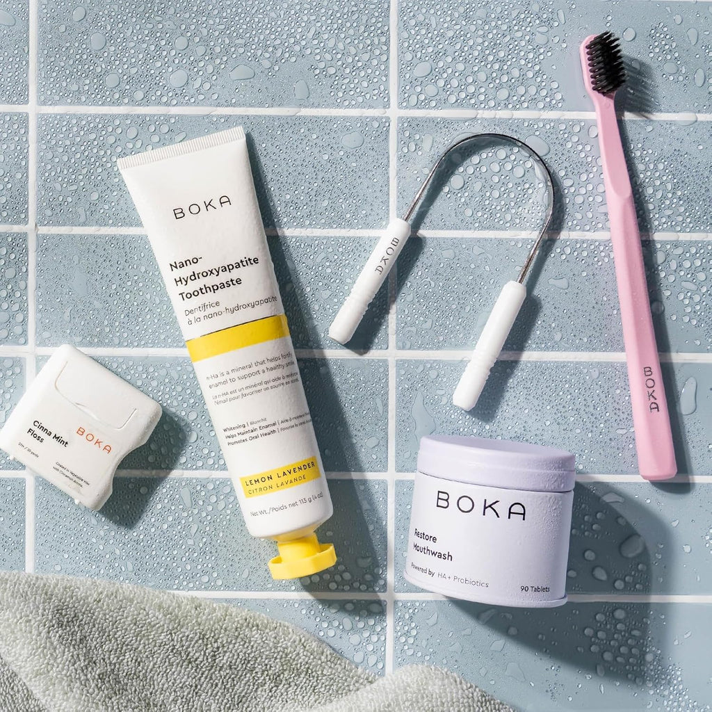 Boka Tongue Scraper for Adults & Kids with Case - Stainless Steel Tongue Cleaner w/Linen Travel Pouch - Scrubber to Remove Tongue Buildup and Freshen Breath (Pack of 2), Green and Pink