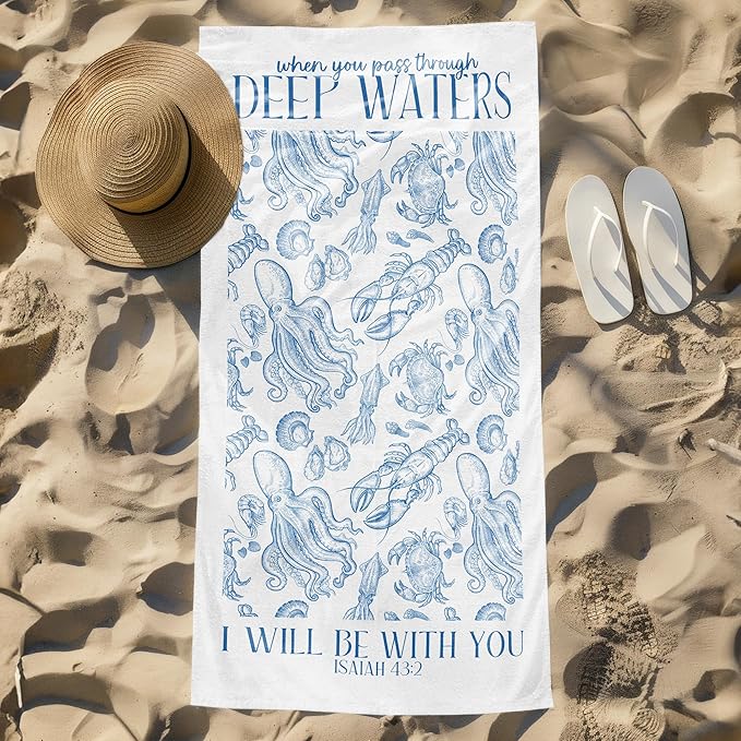 Blue Christian Coastal Beach Towel, Ocean Sea Animal Pool Towels, Coastal Christian Bible Large Beach Bath Travel Towels, I Will Be with You Blue Ocean Themed Bathroom Accessories Decor,30x60in