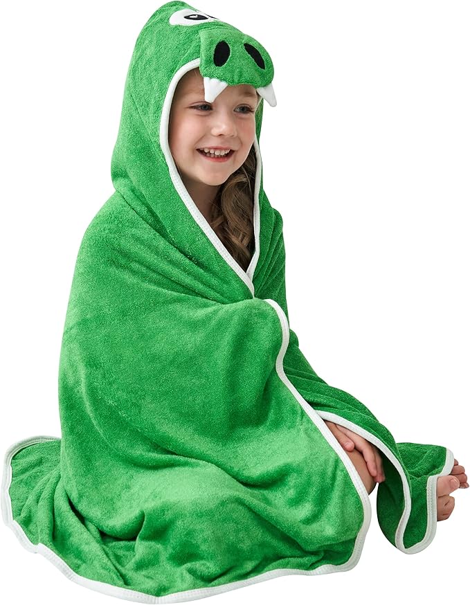 HIPHOP PANDA Hooded Towel - Rayon Made from Bamboo, Bath Towel with Bear Ears for Newborn, Babie, Toddler, Infant - Absorbent Large Baby Towel - Dinosaur, 37.5 x 37.5 Inch