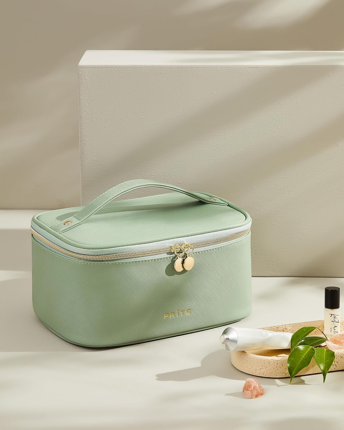 Prite Makeup Bag Portable Cosmetic Organizer with Brush Holder Waterproof Travel Toiletry Bag for Women with Handle and Divider (Green)