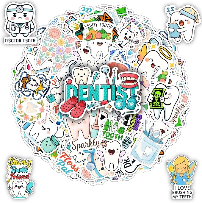 100 PCS Dentist Tooth Stickers Pack – Cute Teeth Dental Hygiene Vinyl Waterproof Decals for Kids, Teens, Adults, Dentist Students, Scrapbook, Laptop, Water Bottle, Car, Hard Hat