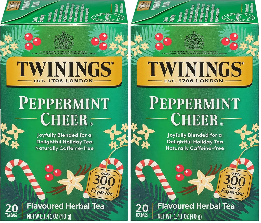 Twinings Peppermint Cheer Herbal Tea Individually Wrapped Bags, 20 Count (Pack of 2), Peppermint & Vanilla, Naturally Caffeine-Free, Enjoy Hot or Iced, 20 Teabags