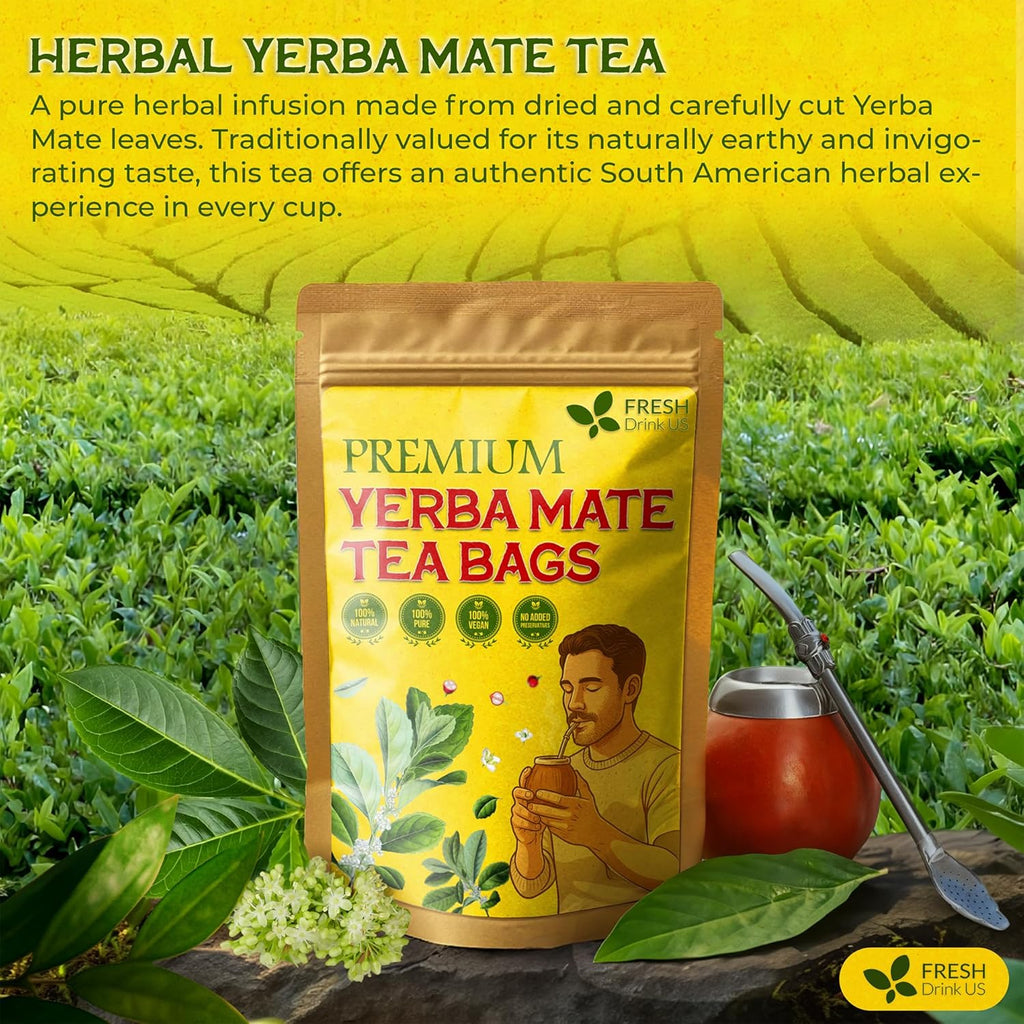 FreshDrinkUS, Yerba Mate Tea Bags | 120 Tea Bags | Traditional South American Herbal Tea – Smooth & Refreshing Flavor – Premium Quality, Sustainably Sourced. Vegan.